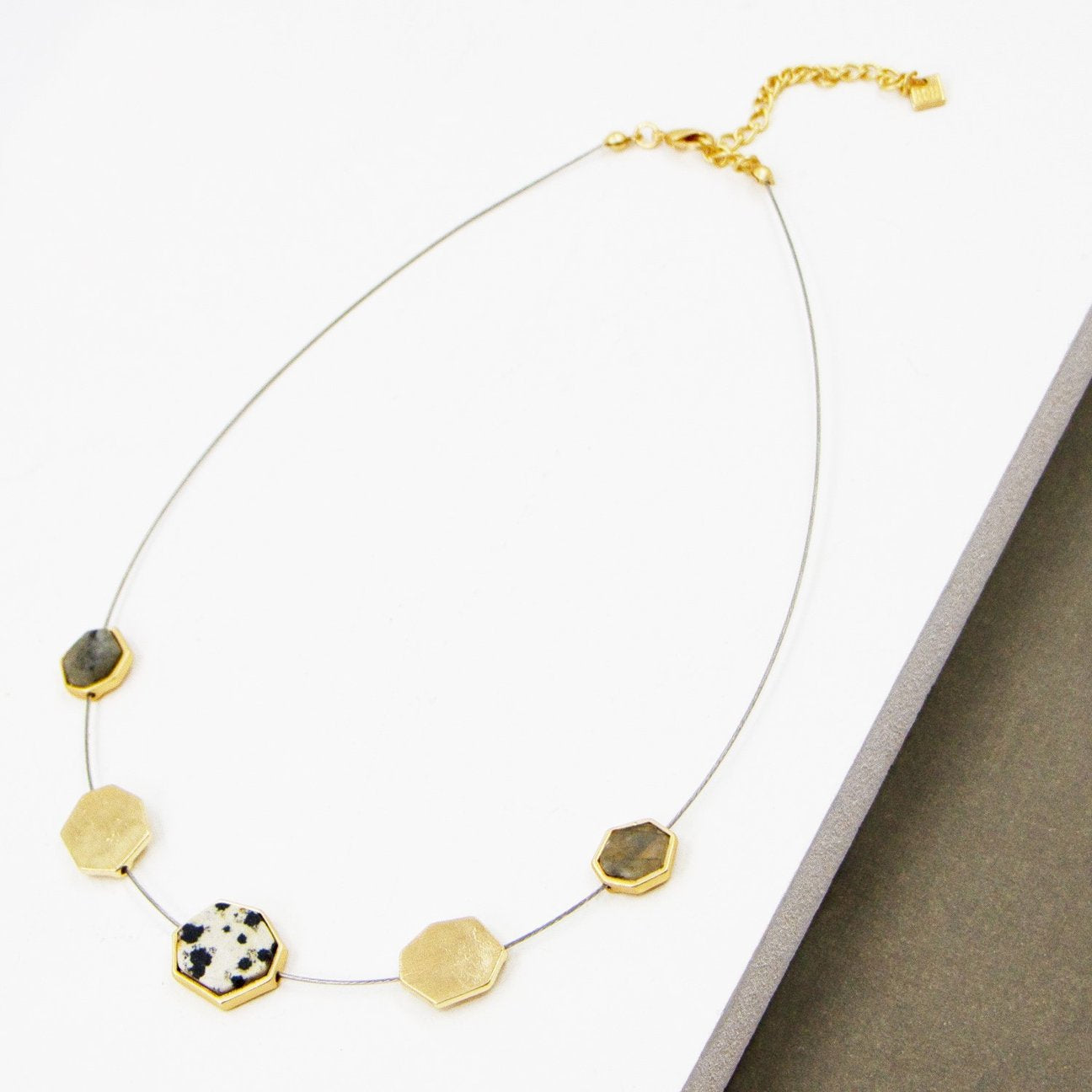 Geometric semi precious pendants on short wire necklace